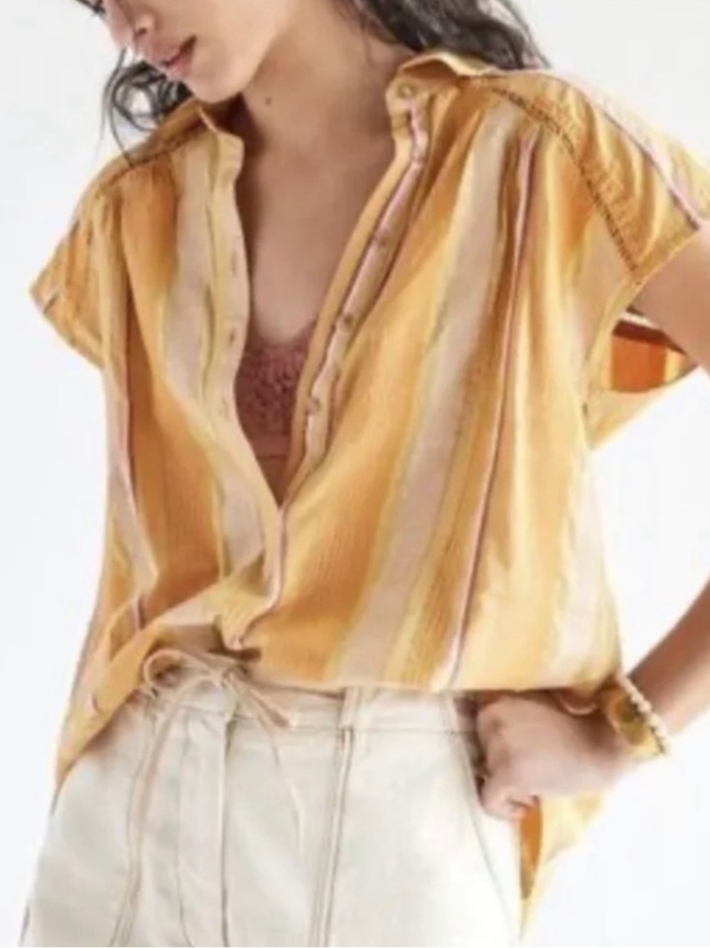 Pilcro Yellow Striped Short-Sleeve Button Top